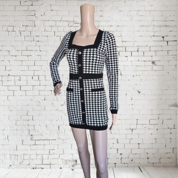 ​✨ SHEIN Black & White Houndstooth Mini Bodycon Dress - Small - Picture 4 of 9